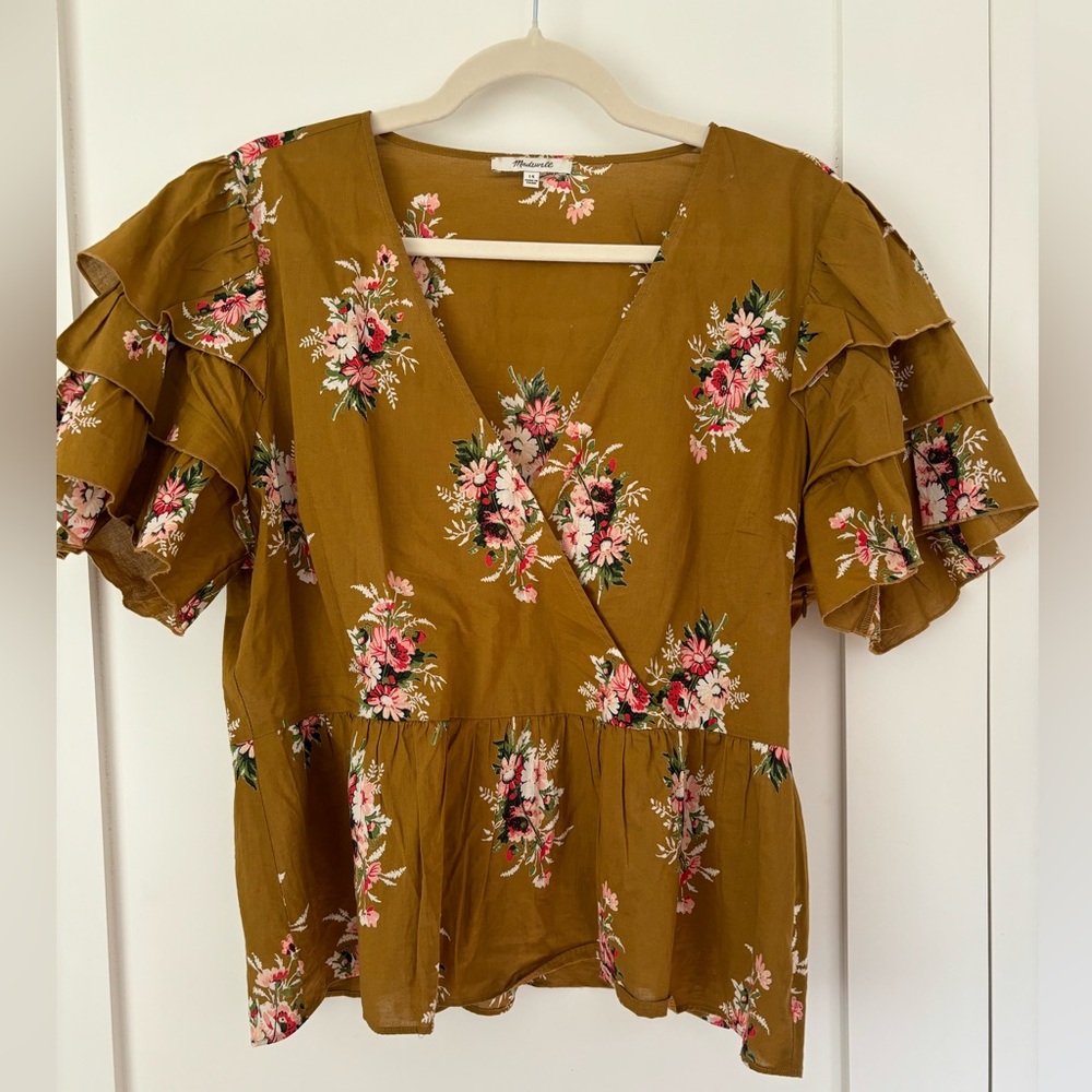 Floral Wrap Peplum Top in Mustard with Ruffle Sleeves